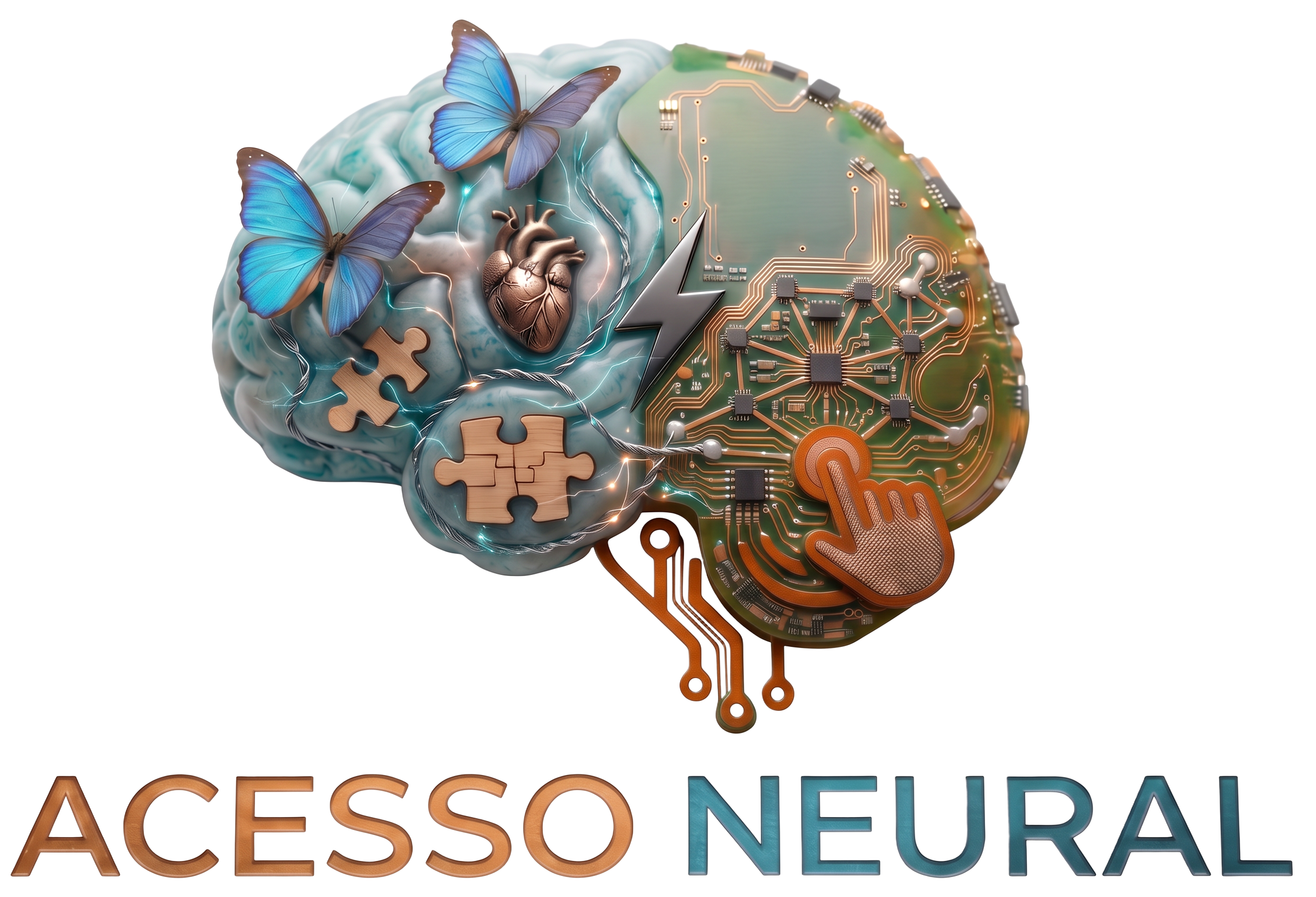 Marca Acesso Neural: cérebro integrado a circuitos, engrenagens, coração, peças e borboletas, percorrido por energia sináptica